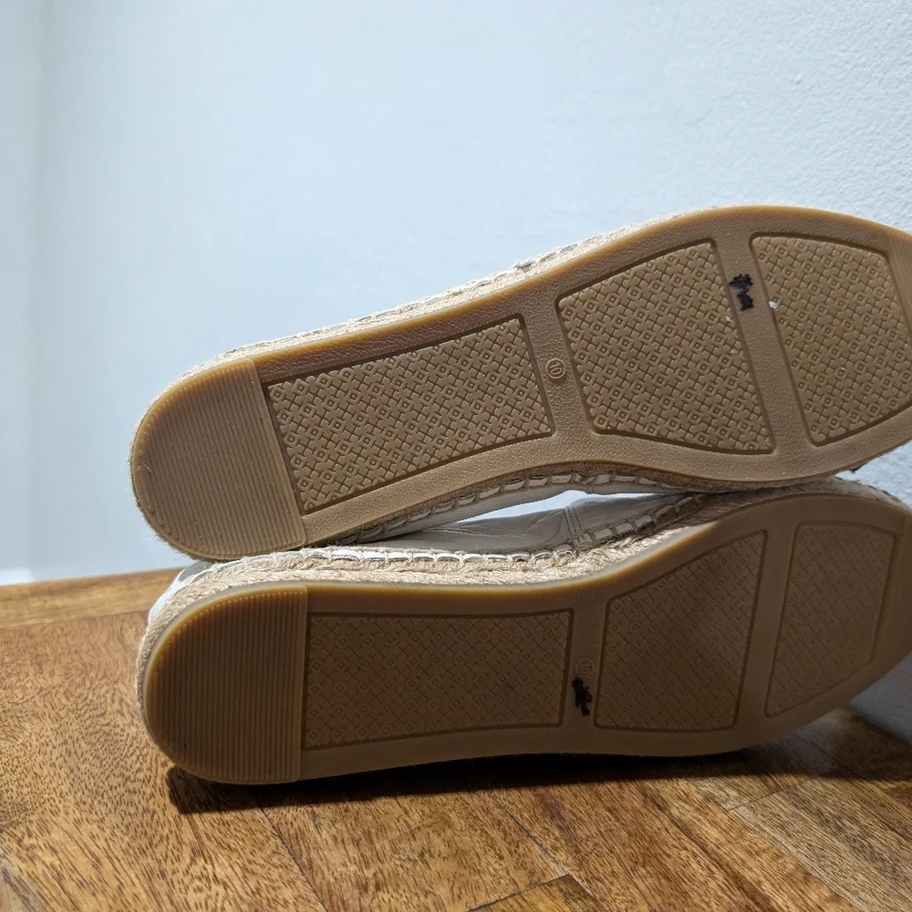Tory Burch ColorBlock White & Black Cap‎ Toe Nappa Leather Espadrille Flats 10